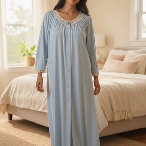 Vintage 70’s Shadowline blue nylon nightgown or robe with lace trim cottagecore
